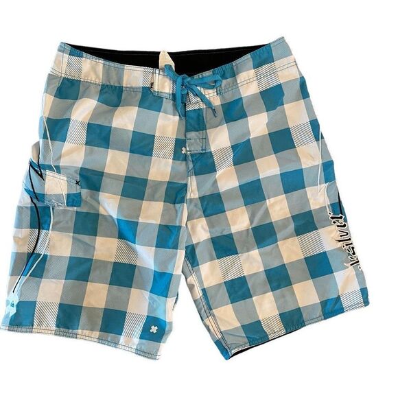 QuikSilver Mens Board Shorts Mid Length Plaid Blue Drawstring Strap Size 35 - Picture 2 of 8